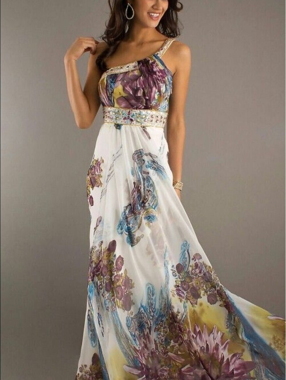 May Queen Stunning Colorful Floral Embroidered Ruffle Formal Maxi Dress Size 4